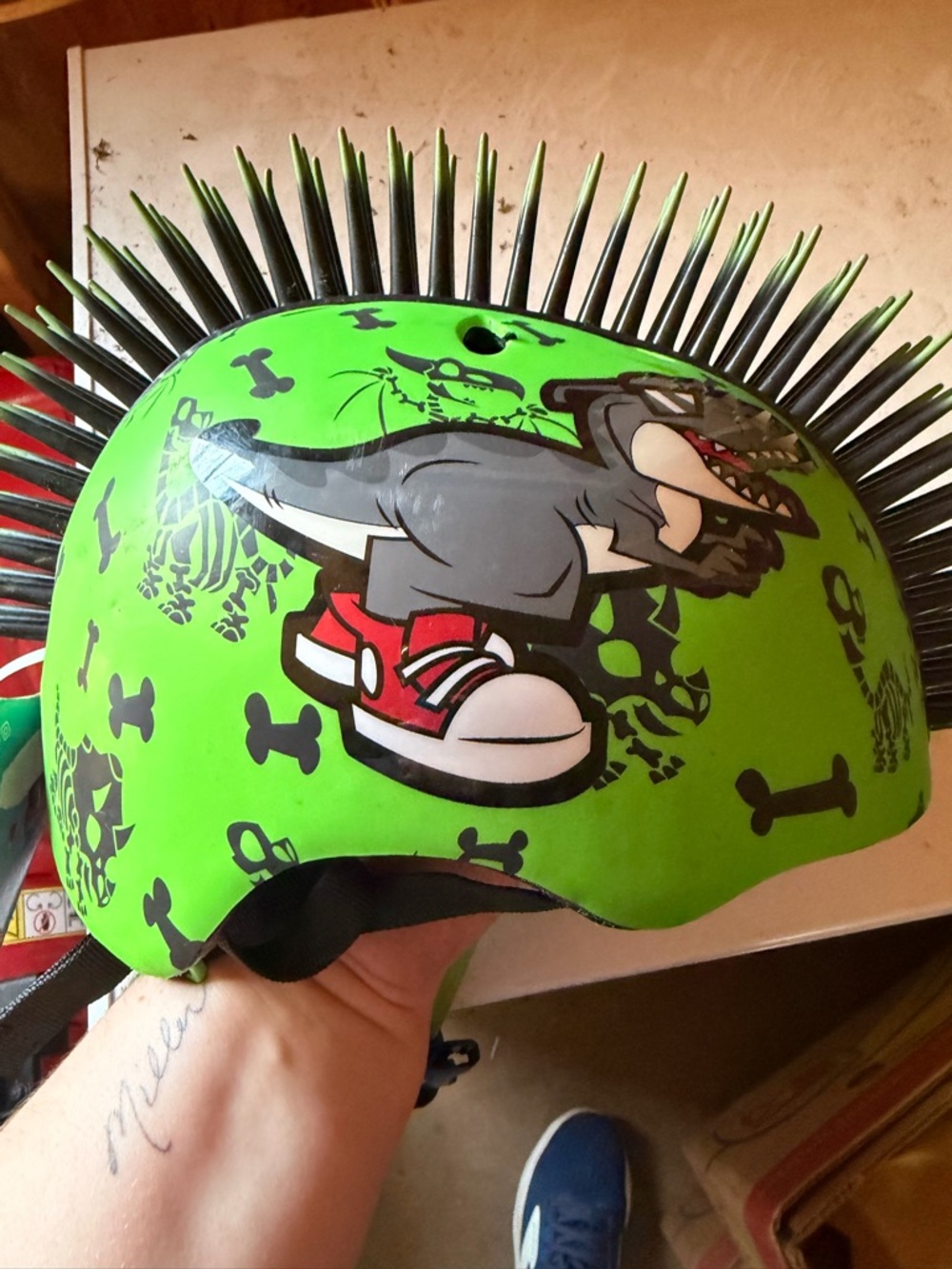 Green Punk Mohawk Bike Helmet with Dinosaur Graphic